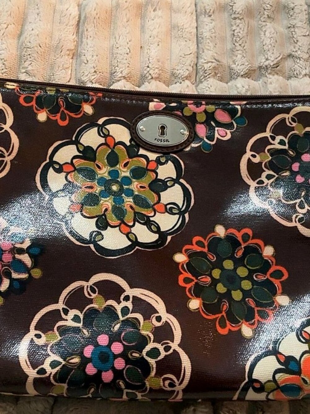 Fossil Key-Per Floral Coated Canvas Make-Up Bag / Zip Pouch, Brown Multi